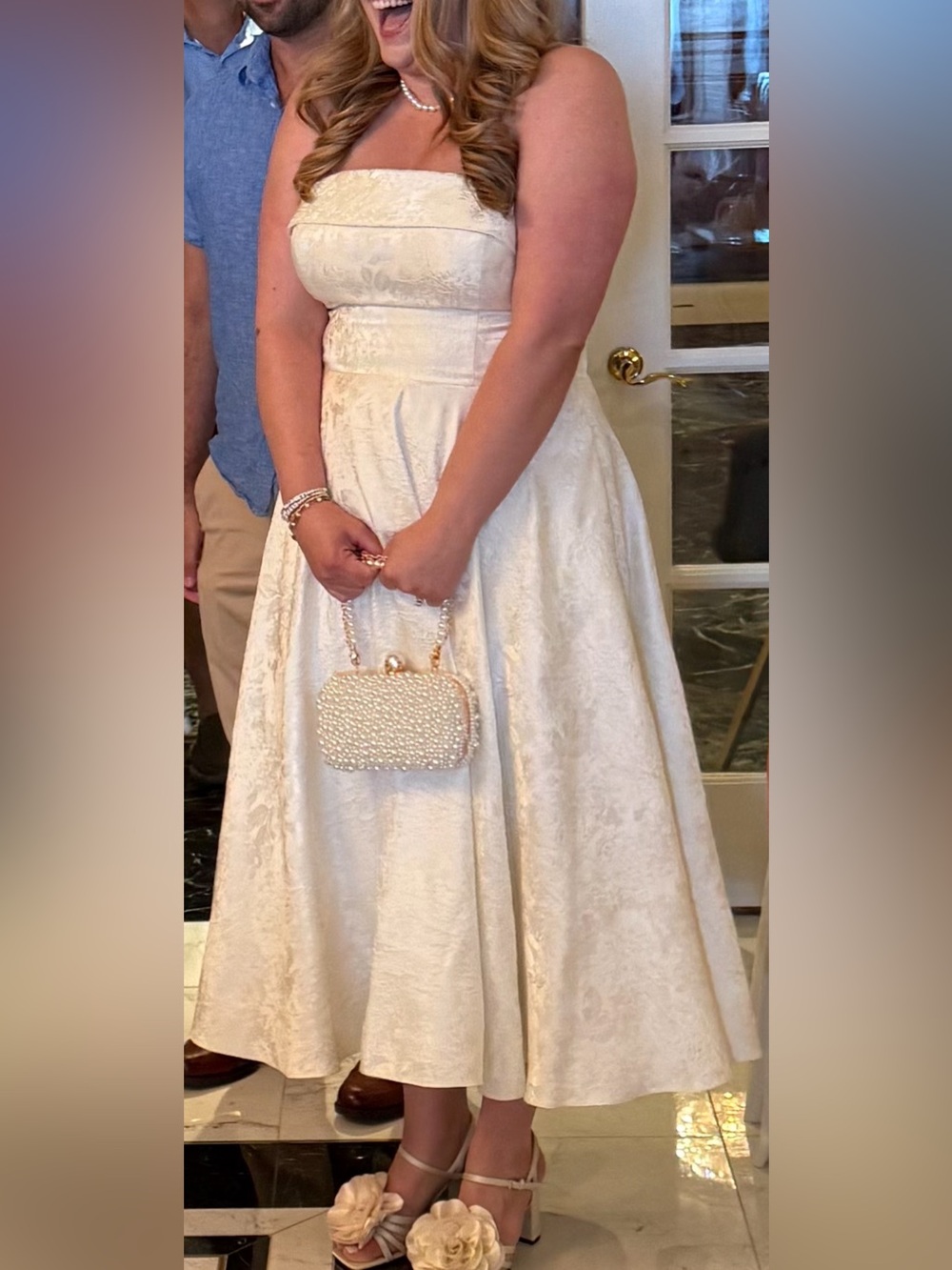 David’s bridal Ivory Floral Strapless tea length Dress